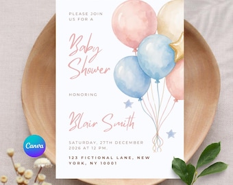 Pink Baby Shower Invitation Template, Editable Canva Boy or Unisex Invite, Watercolor Pastel Balloons, Gender Neutral Printable Download