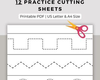 12 Montessori printables - cutting practice sheets - preschool printables - scissor practice - preschool homework - kindergarten homework