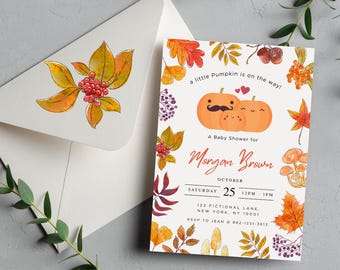 Pumpkin Girl Baby Shower Invitation Template | Boy Autumn Printable Canva Invite | Fall Unisex Baby Shower Invitation | Canva Template