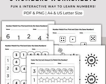 Può includere: Cinque fogli di lavoro stampabili in bianco e nero per i bambini per imparare i numeri. I fogli di lavoro includono attività come l'abbinamento dei numeri, la colorazione degli stessi numeri e il conteggio degli oggetti.