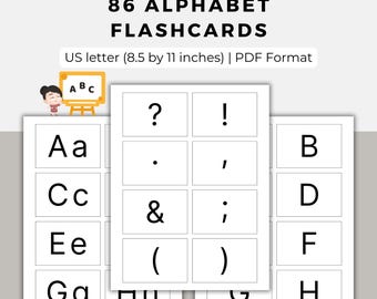 Può includere: Un set di 86 flashcard dell'alfabeto in bianco e nero, stampate su cartoncino bianco. Le flashcard sono progettate per il formato lettera US (21,6 x 27,9 cm) e includono lettere maiuscole e minuscole, segni di punteggiatura e simboli.