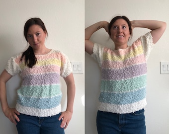 80’s Penrose Nobbly Short Sleeved Sweater with Pastel Stripes|Crew Neck Short Sleeved Sweater|Size Medium