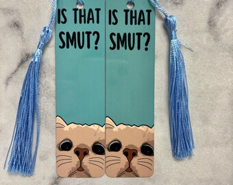 Funny Cat Bookmark: "Is That Smut?" Metal Bookmark with Tassel