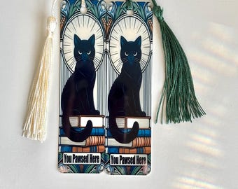 Black Cat Metal Bookmark: 'You Pawsed Here' - Handmade with Tassel