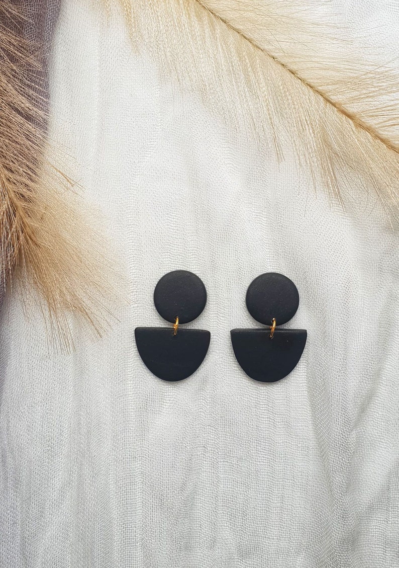 Drop Earrings Surgical Steel Earrings Statement Earrings Handmade Polymer Clay Earrings Black Earrings with gold fixings