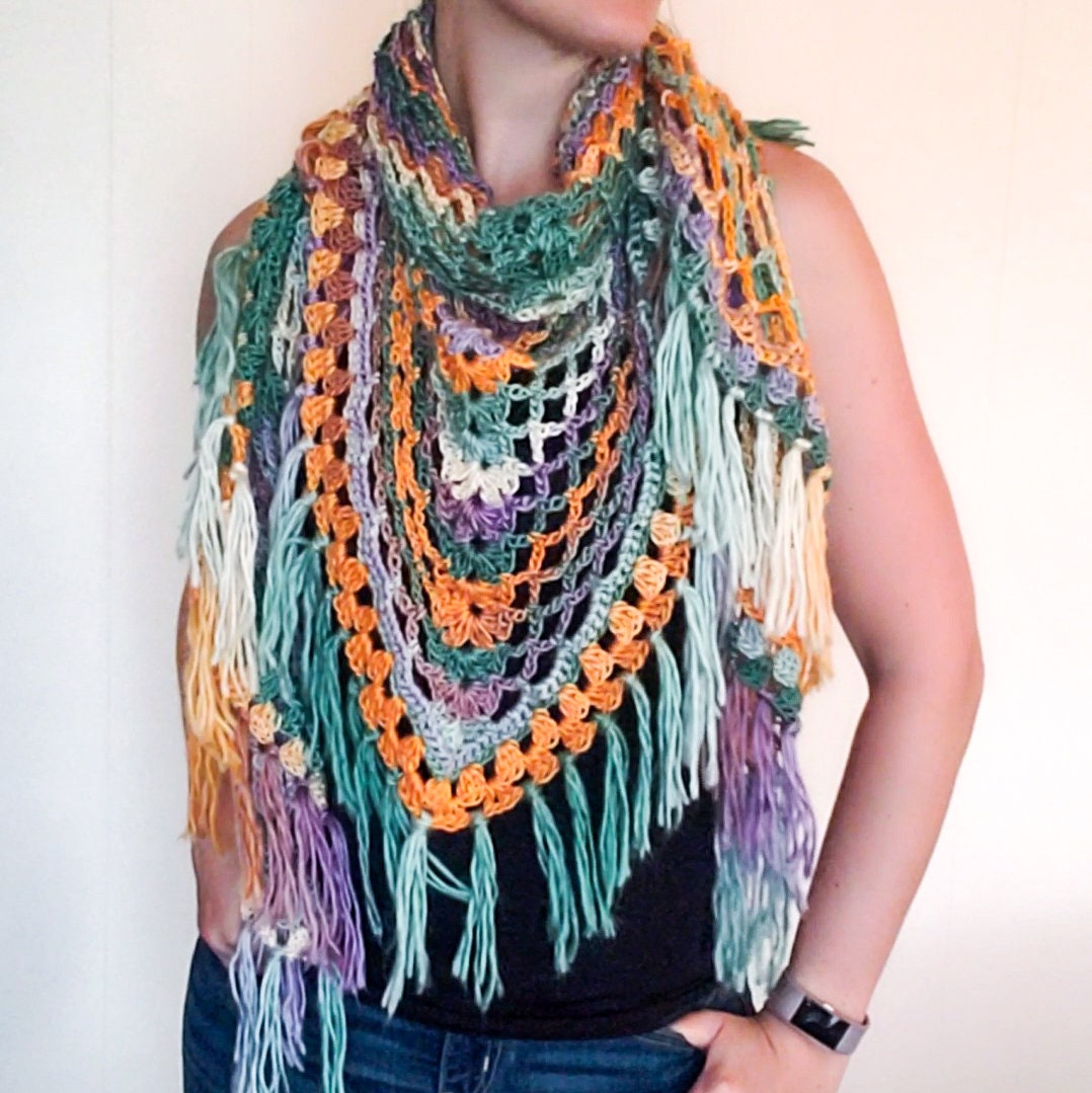 Summer Fringe Crochet Shawl Triangle Scarf Green Purple Etsy