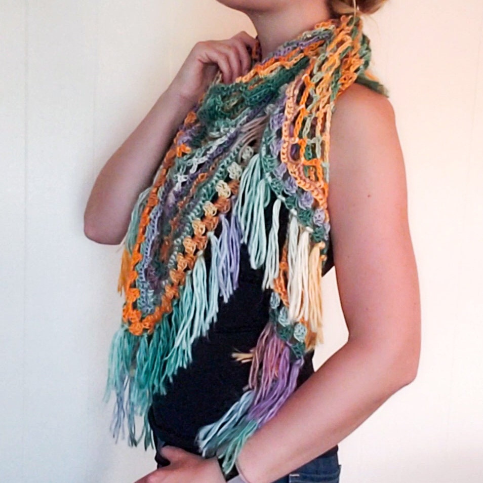 Summer Fringe Crochet Shawl Triangle Scarf Green Purple Etsy