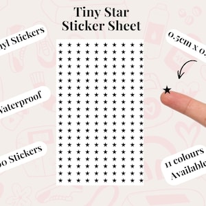 May include: A sheet of tiny black star stickers. The sheet is labelled "Tiny Star Sticker Sheet", "Vinyl Stickers", "Waterproof", and "200 Stickers". Each star measures 0.5cm x 0.5cm. The text "11 colours Available" is also present.