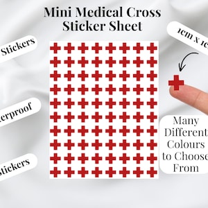 May include: A sheet of 80 mini medical cross vinyl stickers. Each individual sticker is red and measures 1cm x 1cm. The text on the image reads: Mini Medical Cross Sticker Sheet, Vinyl Stickers, Waterproof, 80 Stickers, Many Different Colours to Choose From.