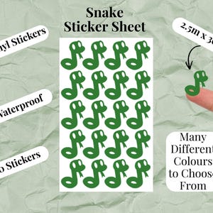 May include: A white sticker sheet featuring 20 green snake stickers with the text Snake Sticker Sheet, Vinyl Stickers, Waterproof, 20 Stickers, 2.5m x 3cm, and Many Different Colours to Choose From printed around the central grid of snake icons.