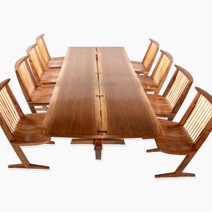 Conoid Table Design inspired by George Nakashima, Midcentury Modern Trestle Dining Table in Black Walnut, Cherry or Oak