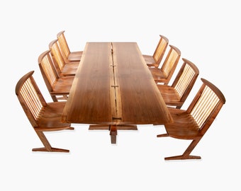 Conoid Table Design inspired by George Nakashima, Midcentury Modern Trestle Dining Table in Black Walnut, Cherry or Oak