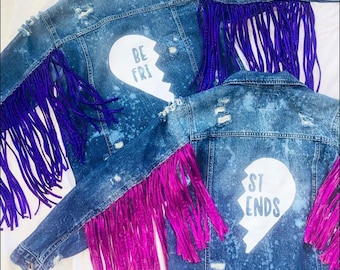 Matching Denim Jackets, Bleached & Distressed, Fringe Set of 2