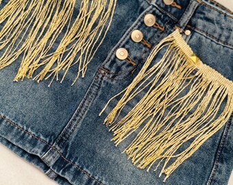 Gold Fringe Denim Skirt