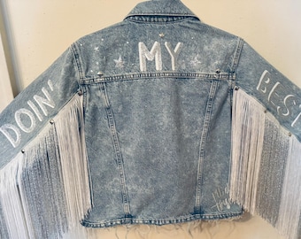 Bleached Denim Fringe Jacket: Rhinestone Studded, Customizable