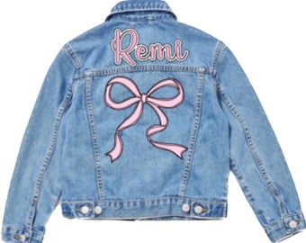 Personalized girls denim jacket with bow