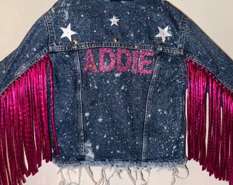 Personalized Fringe Denim Jacket: Bleached, Distressed, Rhinestone & Glitter