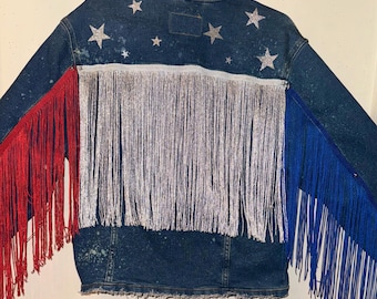 Bleached Denim USA Jacket: Fringe & Glitter Star Detail