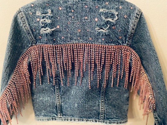 Rhinestone Fringe Denim Jacket - Etsy Rhinestone Fringe Denim Jacket - Etsy