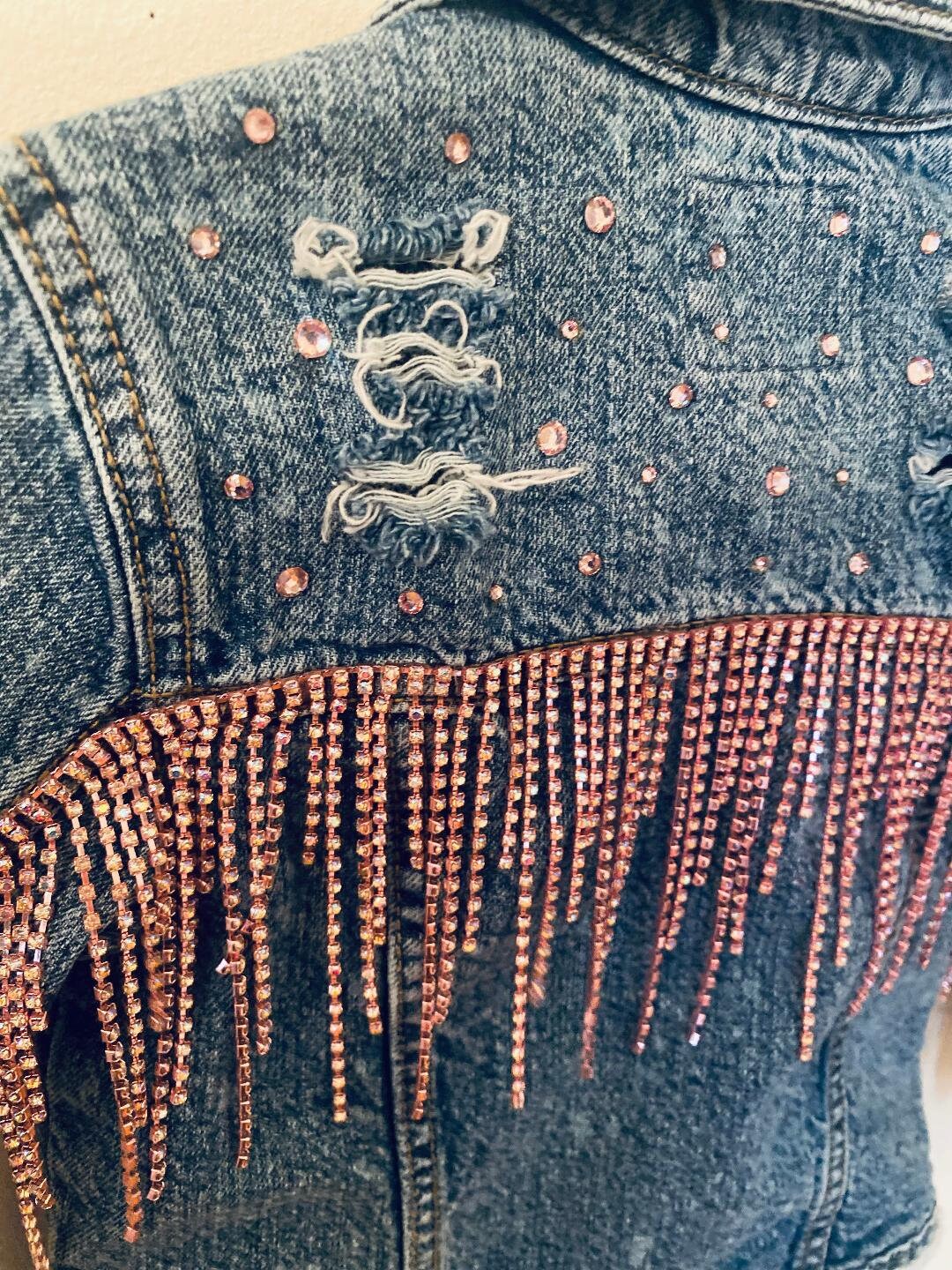 Rhinestone Fringe Denim Jacket - Etsy Rhinestone Fringe Denim Jacket - Etsy
