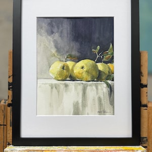Original Painting -  Apples on white linen cloth