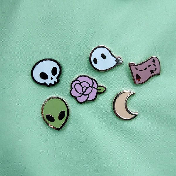 Mini/Filler Enamel Pins - Alien, Ghost, Moon, Map, Rose, and Skull Pins