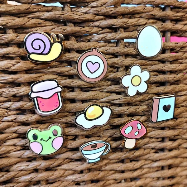 Mini/Filler Cottage Core Enamel Pins - Flower, Frog, Book, Teacup, Embroidery Hoop, Fried Egg, Whole Egg, Jelly Jar, Snail, and Mushroom