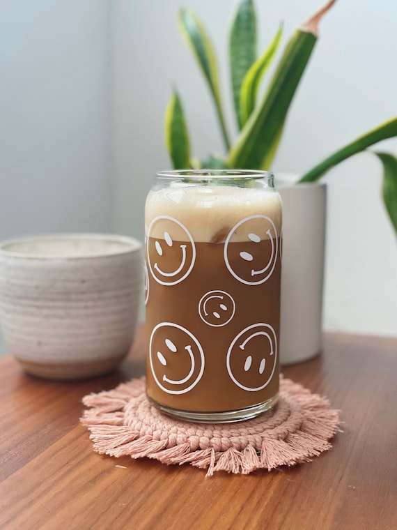Smiley Face Beer Can Glass Iced Coffee Glass Beer Can Cup Glass Soda Cup  Iced Tea Glassware Aesthetic Glass Can 