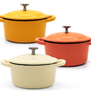 RJ Legend 8.5 oz Cast Iron Pot, Enameled Cast Iron Mini Pot, 5.5-Inch Cast Iron Pot with Lid, 3-Piece - Orange - White - Yellow