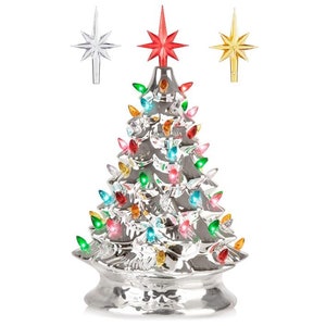 RJ Legend 15-Inch Ceramic Tree Decoration - Multicolor Bulbs - Silver Tree - Handcrafted and Hand Painted - Glossy Finish