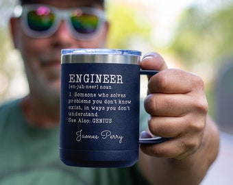 Personalized Engineer Definition Mug, Laser Engraved 15oz Steel Coffee Cup, Office Coworker, Dad Gift