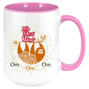 for sloth lovers yoga meditation teachers present funny coworker gift Zen Om 11oz Meditating Sloth Coffee Mug with Colored Rim Handle