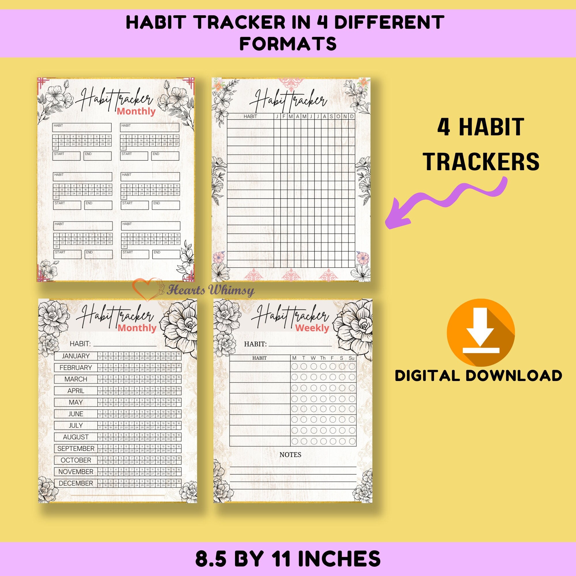 Floral Habit Tracker: Vintage Weekly &amp; Monthly Planner (PDF) - Etsy