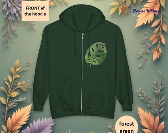Sudadera con capucha y cremallera con estampado de hojas tropicales, cómoda sudadera con capucha tropical Monstera para amantes de la naturaleza