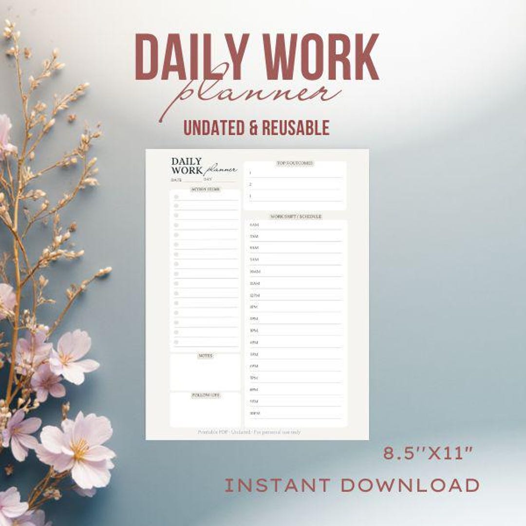 Daily Work Planner Printable | Flexible Workday Schedule PDF for Office ...
