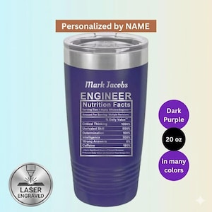 May include: A dark purple 20 oz stainless steel tumbler with a clear lid. The exterior features laser-engraved text that reads Mark Jacobs ENGINEER Nutrition Facts, listing various attributes like Critical Thinking 1000% and Caffeine 150%.