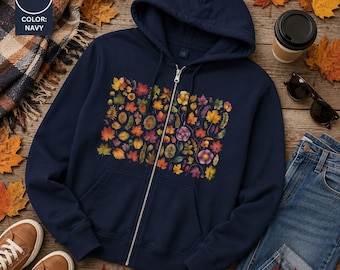 Autumn Floral Full Zip Hoodie: Fall Botanical Design on front and back
