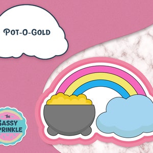 May include: A pink, yellow, and blue rainbow with a pot of gold at the end. The rainbow is over a white cloud. The text "Pot-O-Gold" is in a white cloud above the rainbow.