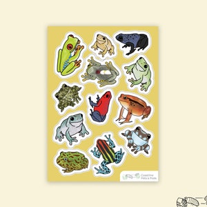 May include: A sheet of stickers featuring 14 different frog illustrations. The frogs are in various poses and colors, including green, blue, red, and brown. The stickers are printed on white paper and have a glossy finish. The sheet is labeled "Coastline Pets & Pods".