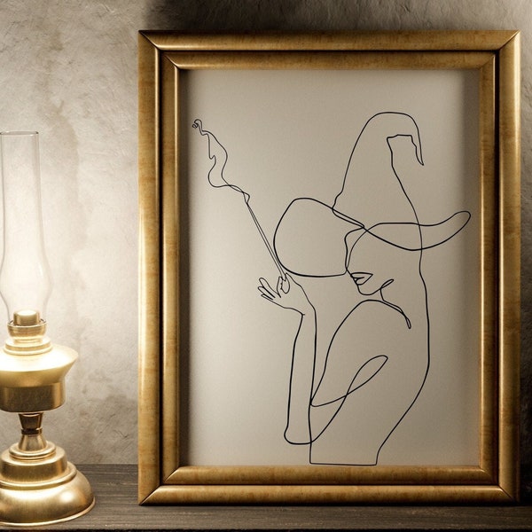 Witch Hat Lady - Continuous Line Art - Female Figure - Digital Print Download
