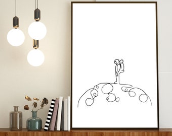 Astronauta - Decoración de paredes espaciales lunares - Arte de línea continua - Descarga de impresión digital