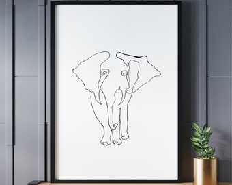 Dibujo de línea original pintado a mano - Elefante grande - Sin marco - Minimalista - Tamaños 5x7, 8x10, 11x14, 16x20, 18x24