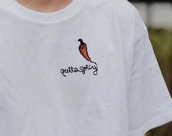 Hand-Embroidered T-shirt - Chili Pepper - Quite Spicy - Continuous Line Art Line Drawing - White Cotton Unisex T-shirt