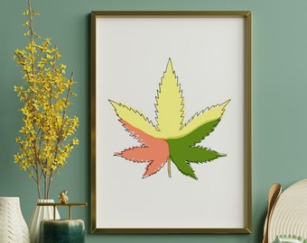 4/20 Faded Rasta - Pot Leaf Continuous Line Art - Arte de pared original - Impresión digital