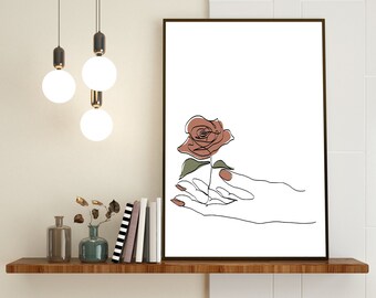 Madre Naturaleza - Arte de Línea Continua - Rosa - Mano - Impresión de Arte Digital
