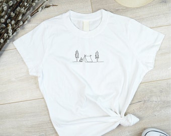 Camping Campfire Line Drawing T-shirt - Continuous Line Art - Camiseta unisex blanca