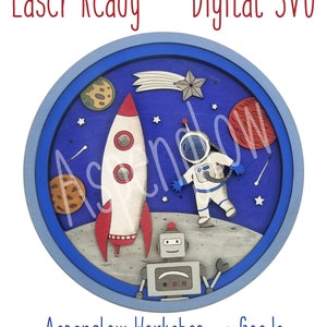 May include: A blue and white circular design with a rocket, astronaut, and robot in a space scene. The text "Aspenglow Workshop and Goods" is at the bottom of the design.