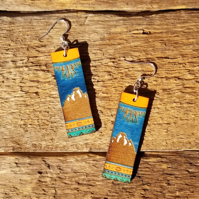 Sunshine on the Mountain Earrings Original Design Unique Gift Bohemian Style Hand Painted Natural Wood Jewelry Super Lightweight