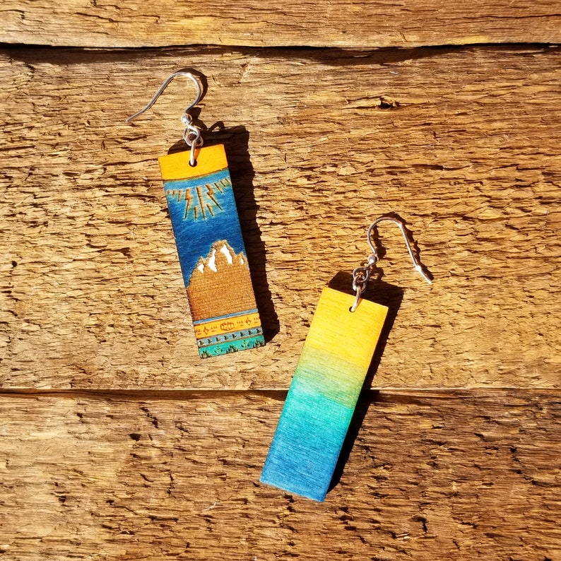 Sunshine on the Mountain Earrings Original Design Unique Gift Bohemian Style Hand Painted Natural Wood Jewelry Super Lightweight