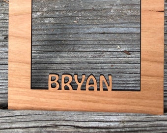 Wood laser cut 5x7 picture mat personalized to frame photos. Custom matboard